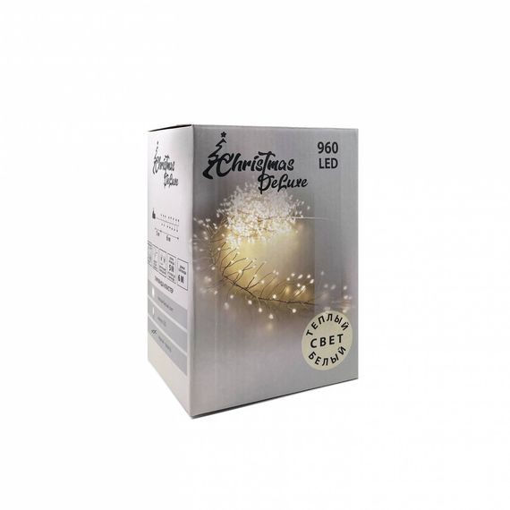 Светодиодная нить кластер 960 теплых белых ламп, 6 м., 8 режимов, зеленый провод, Christmas DeLuxe (87448)