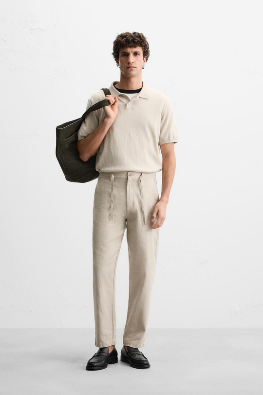 ZARA БРЮКИ RELAXED FIT ИЗ ХЛОПКА И ЛЬНА, СВЕТЛО-БЕЖЕВЫЙ