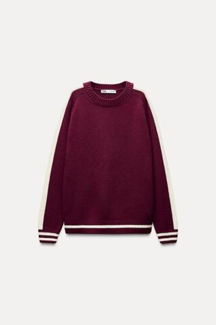 ZARA ТРИКОТАЖНЫЙ СВИТЕР С КАНТАМИ, БОРДОВЫЙ