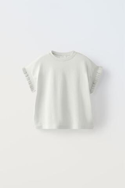 ZARA КОМБИНИРОВАННАЯ ФУТБОЛКА С ВОЛАНАМИ, СЕРО-ДЫМЧАТЫЙ