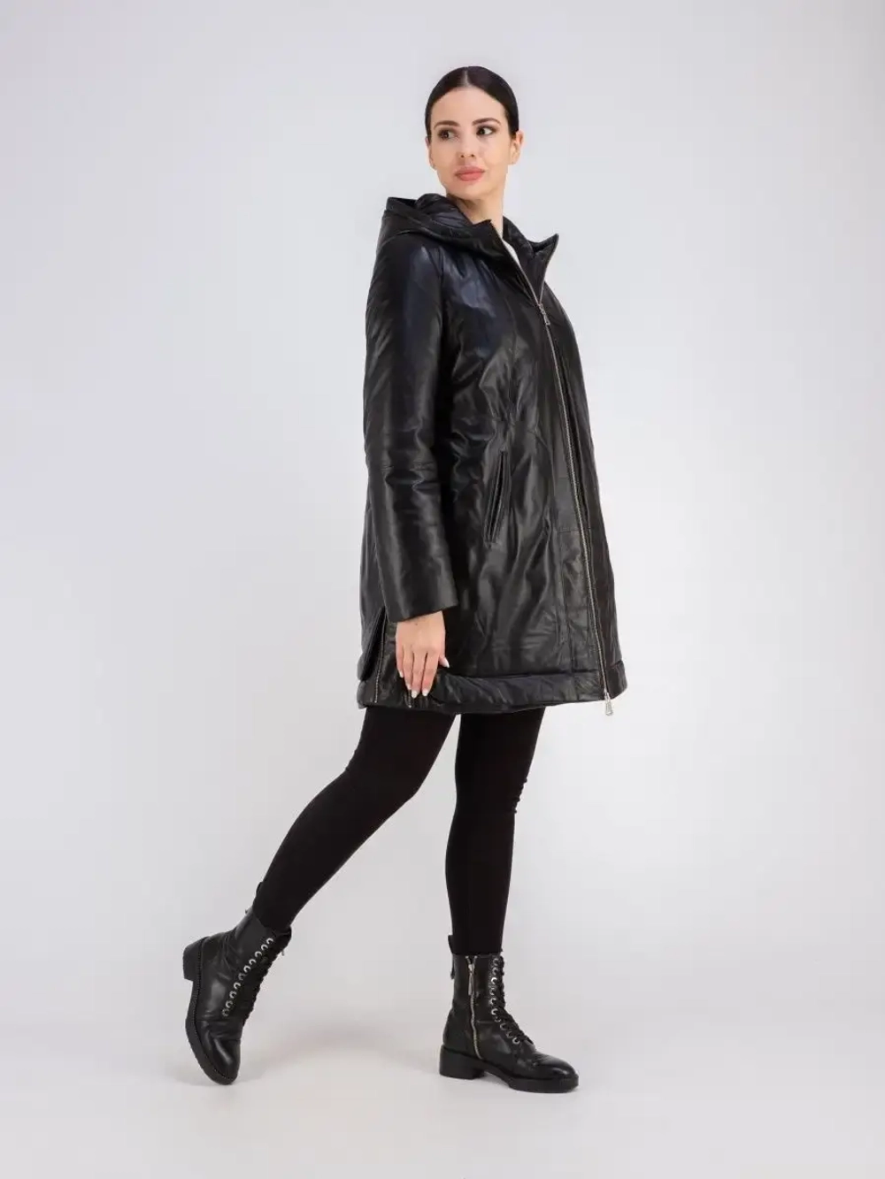 Куртка кожаная утепленная длинная с капюшоном Турция