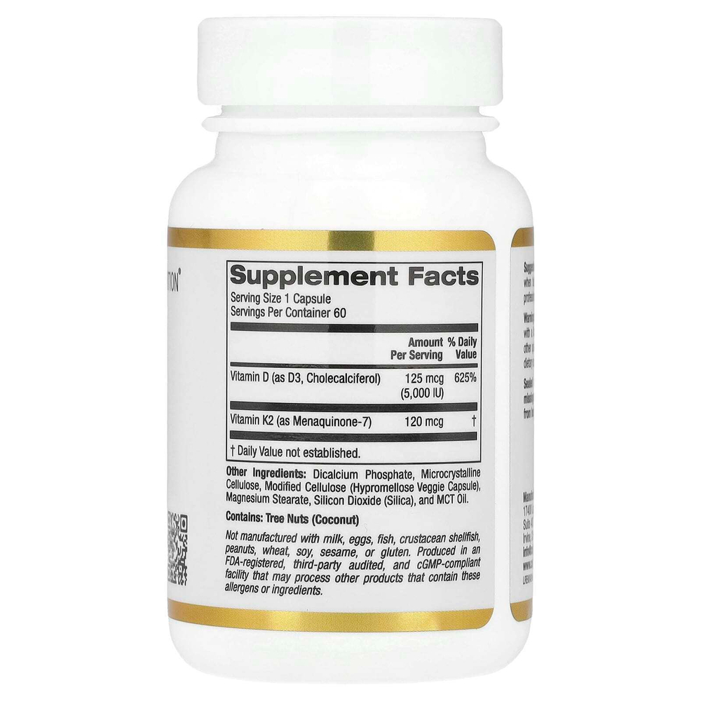 California Gold Nutrition, витамины D3 и К2, 60 растительных капсул