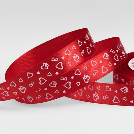 Лента атласная 15 мм Сердечки Красная, 22 м
