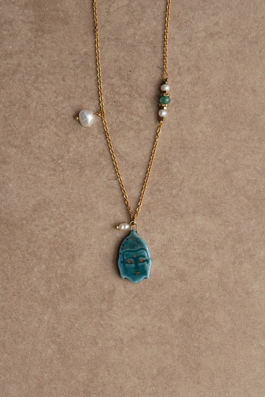 Подвеска с фарфоровым Буддой и вставками из гематита на стальной цепочке / NatiLash Амулеты