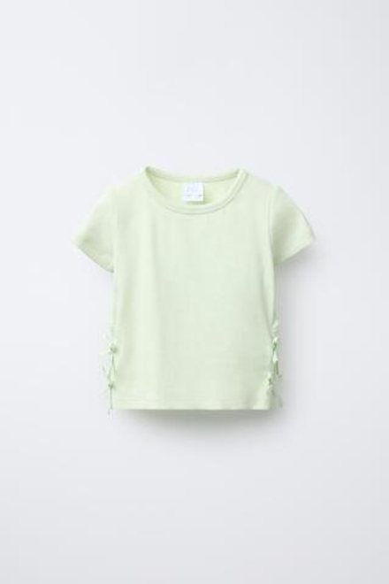 ZARA ФУТБОЛКА В РУБЧИК С ВЫРЕЗОМ И БАНТАМИ, ЛАЙМОВЫЙ