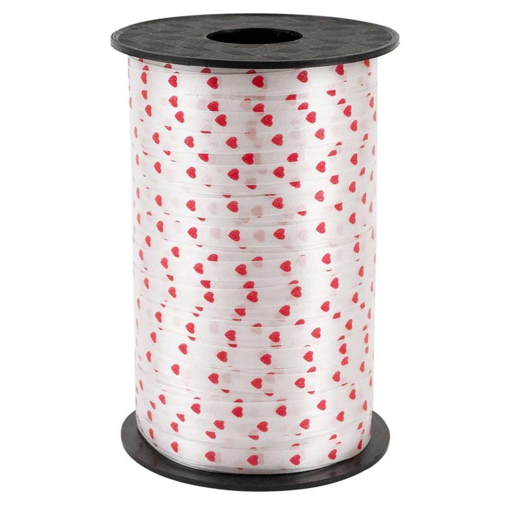 Лента полипропиленовая (0,5 см*250 м) Красные сердца на белом, 1 шт.