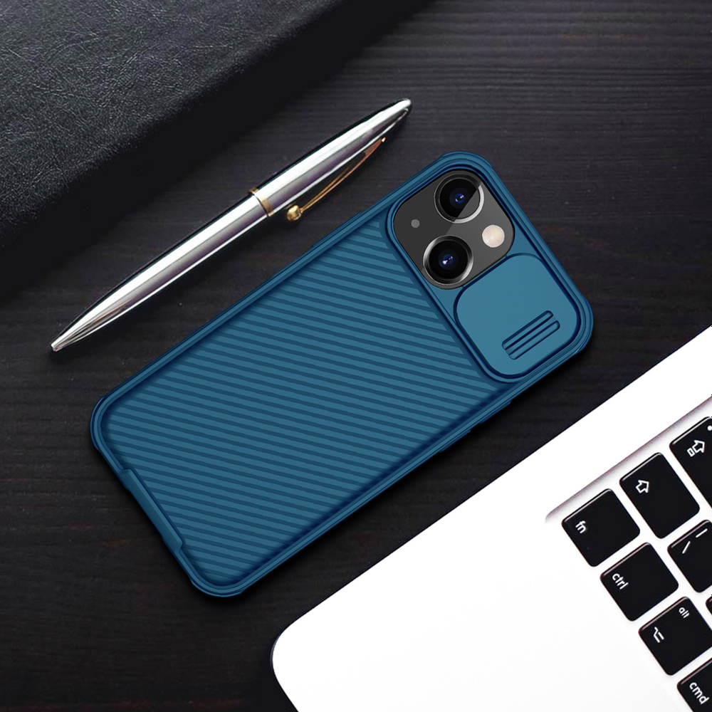 Чехол усиленный синего цвета от Nillkin для iPhone 13 Mini, серия CamShield Pro Case (защитная шторка для камеры)