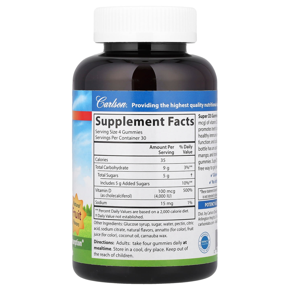 Carlson, Super D3, жевательные мармеладки, натуральные фрукты, 120 вегетарианских жевательных мармеладок (25 мкг (1000 МЕ) в жевательной таблетке)