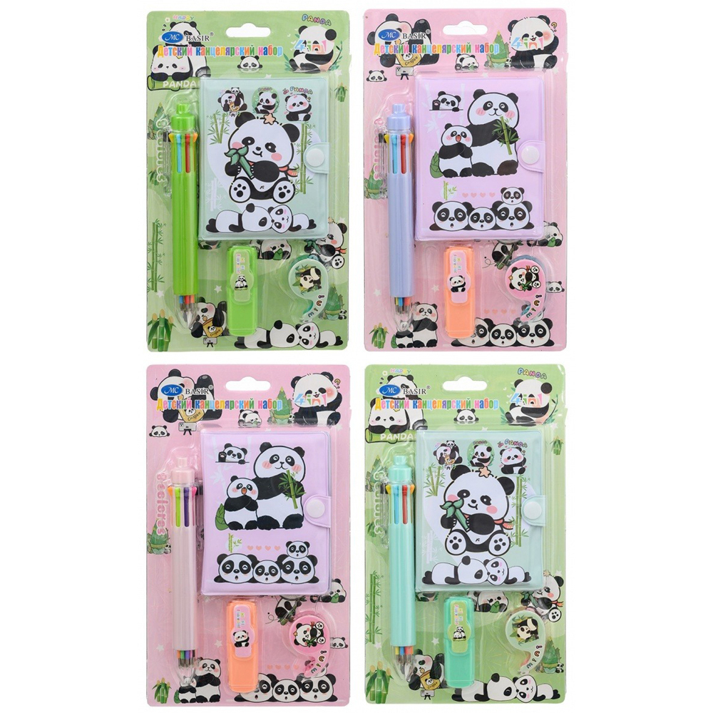 Канцелярский набор Basir с цветным текстовыделителем, 8-ми цветной ручкой, скотчем и блокнотом, серия "Панда", ассорти, 19.7*11 см
