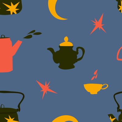 Уютное волшебное чаепитие на голубом фоне. Cozy magical teatime on blue background