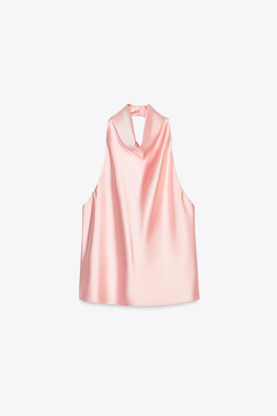 ZARA АТЛАСНЫЙ ТОП С ГОРЛОВИНОЙ ХАЛТЕР, РОЗОВЫЙ
