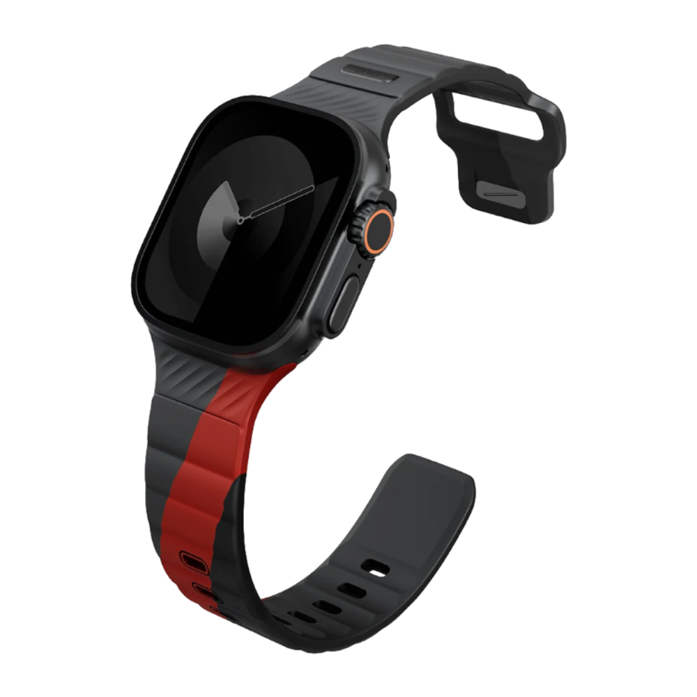 Спортивный ремешок Uniq Stride DE для Apple Watch 44, 45, 46 мм и Ultra 2–3 Водостойкий ремешок из фторэластомера с застёжкой pin-and-tuck из нержавеющей стали. На запястье обхватом 130–190 мм