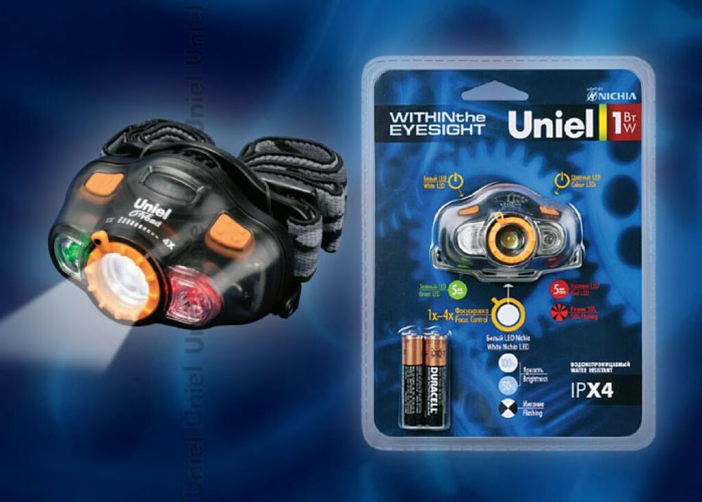 P-HL081-PB Grey Фонарь Uniel-offroad (Premium) «within eyesight», пластиковый корпус, 1W Nichia White Led, упаковка — блистер, 2 х ААA в/к, цвет — сер