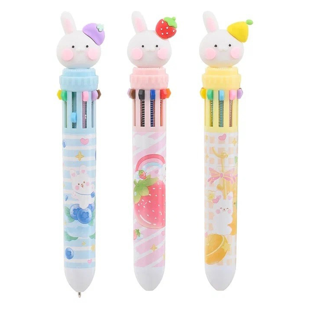 Ручка шариковая, автоматическая, 10в1, Jiandan, 10-ти цветная, серия "ЗАЙЧИК", с резиновой фигуркой