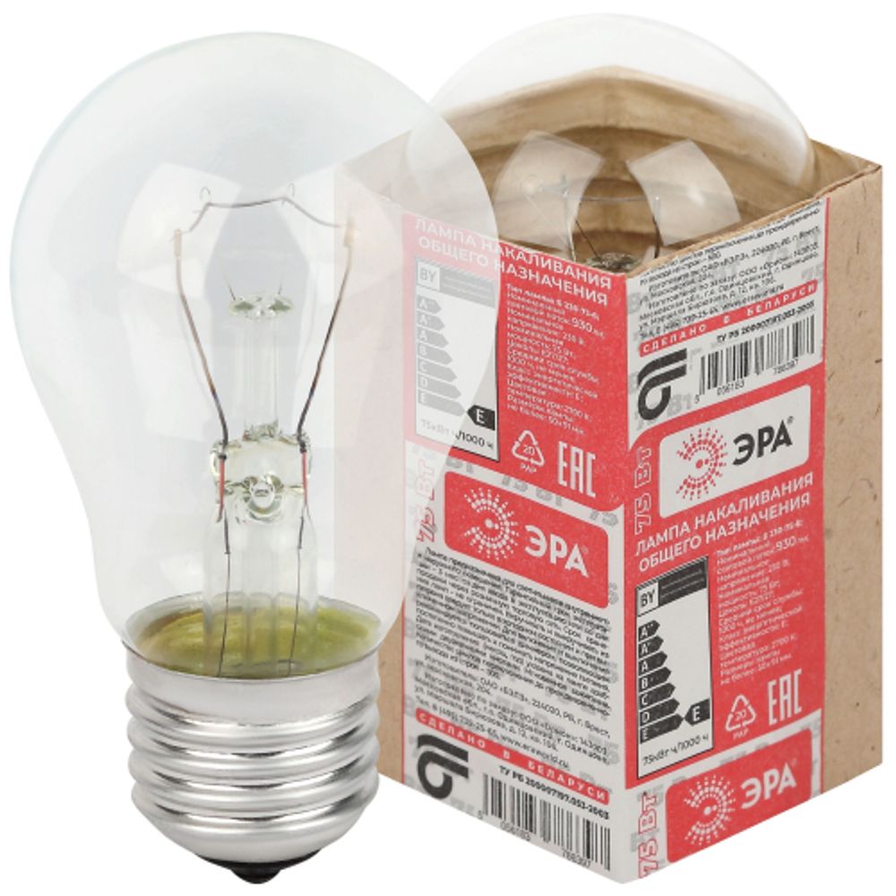 Лампочка ЭРА A50 75Вт Е27 / E27 230В груша прозрачная в гофре