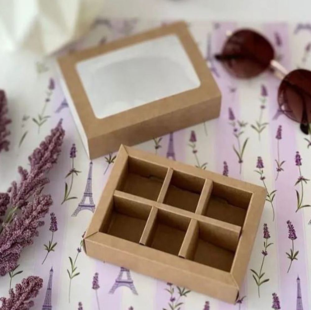 Коробка для 6 конфет с окном 137*99*39 мм (КРАФТ)