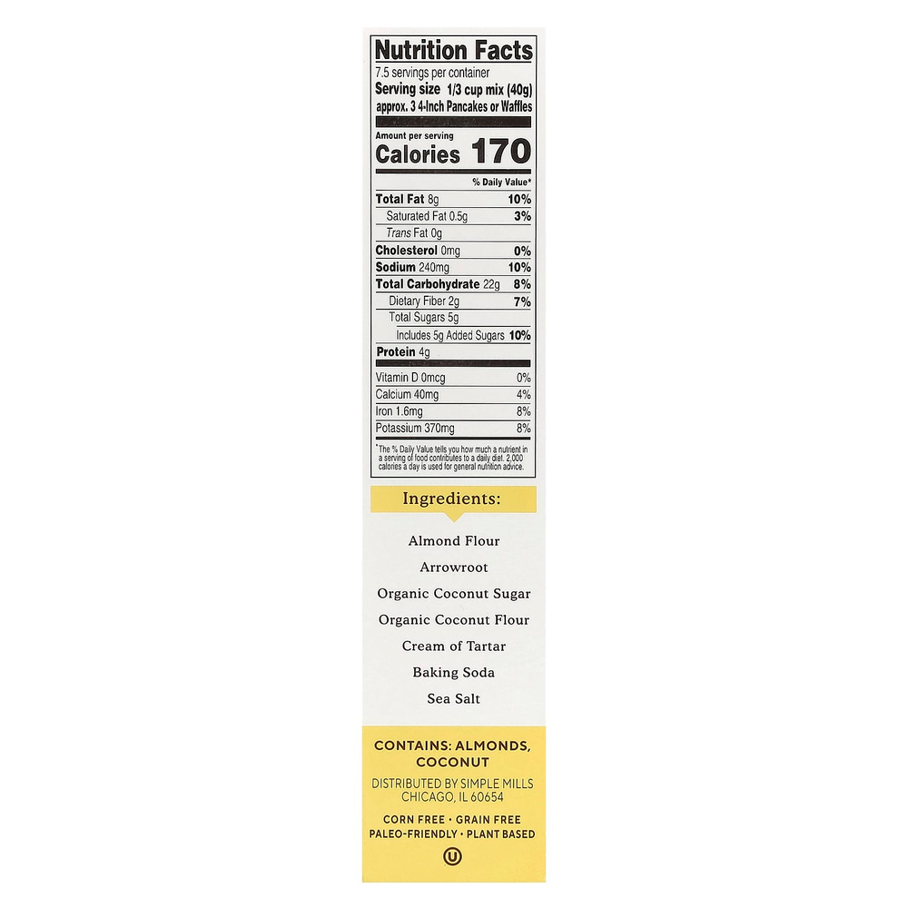 Simple Mills, смесь с миндальной мукой для приготовления панкейков и вафель, оригинальная, 303 г (10,7 унции)