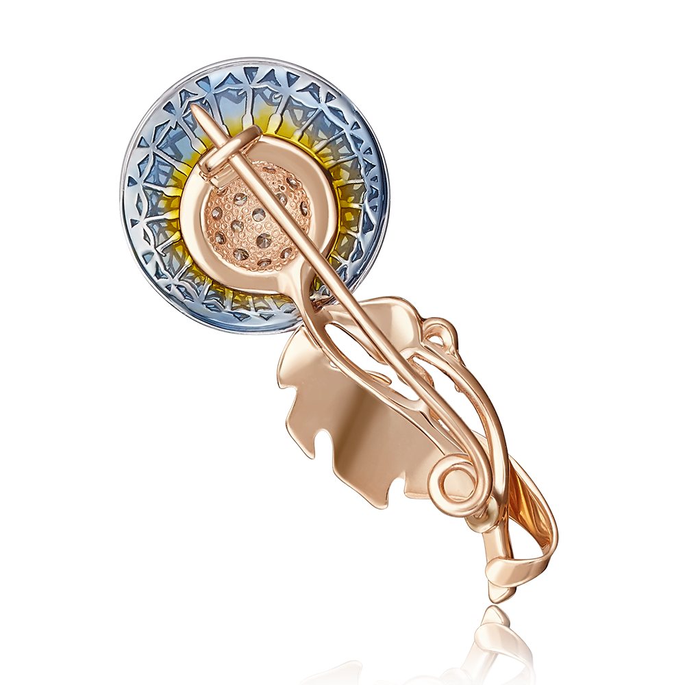 Брошь «Одуванчик» из комбинированного золота c фианитами и эмалью Артикул: 04-0175-00-401-1111-48