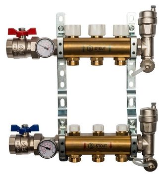 Коллектор Stout 1"x3/4" 3 контура для радиаторного отопления из латуни SMB-0468-000003