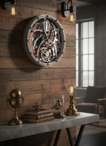 Настенные часы WOODandROOT Automaton 1277 Tourbillon ручной работы на деревянной стене, с кинетическими шестерёнками и турбийонным стилем.