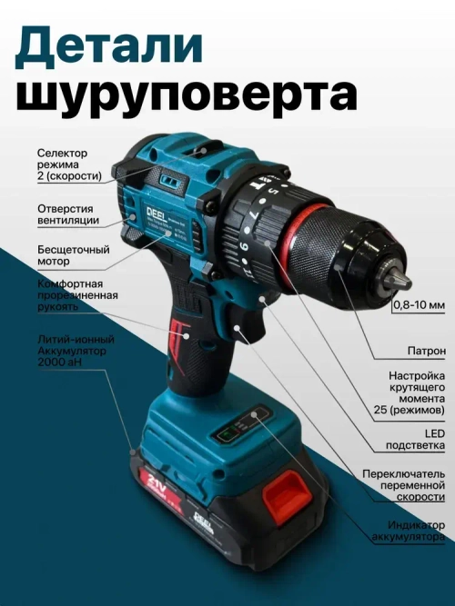 Шуруповерт аккумуляторный бесщеточный ударный дрель DEFL 21В, в кейсе, 2 АКБ 2 а/ч, многофункциональный 60 H/M для сверления, долбления, закручивания, шуруповерт для метала, синий