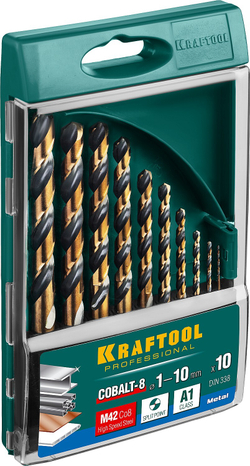 KRAFTOOL Cobalt, 10 шт, (1-10 мм), сталь М42, HSS-Co(8%), набор сверл по металлу (29656-H10)