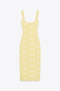 ZARA ПЛАТЬЕ ИЗ ЭЛАСТИЧНОЙ ТКАНИ С КВАДРАТНЫМ ВЫРЕЗОМ, ЖЕЛТЫЙ