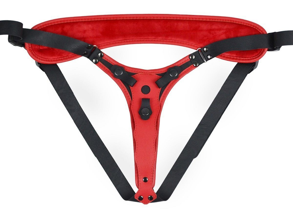 Красно-черный женский пояс с 2 способами крепления насадок и вагинальной пробкой (Цвет: красный с черным)