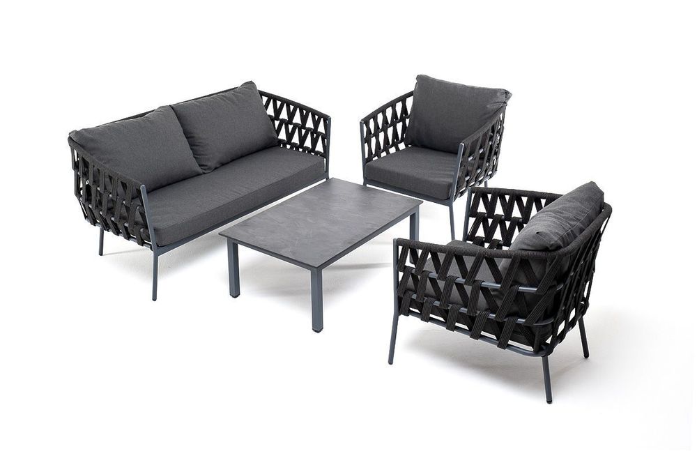 "Диего" лаунж-зона 4-местная плетеная из роупа (веревки), каркас алюминиевый темно-серый, роуп темно-серый