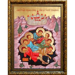 Семь  спящих отроков Эфесских. Икона на холсте.