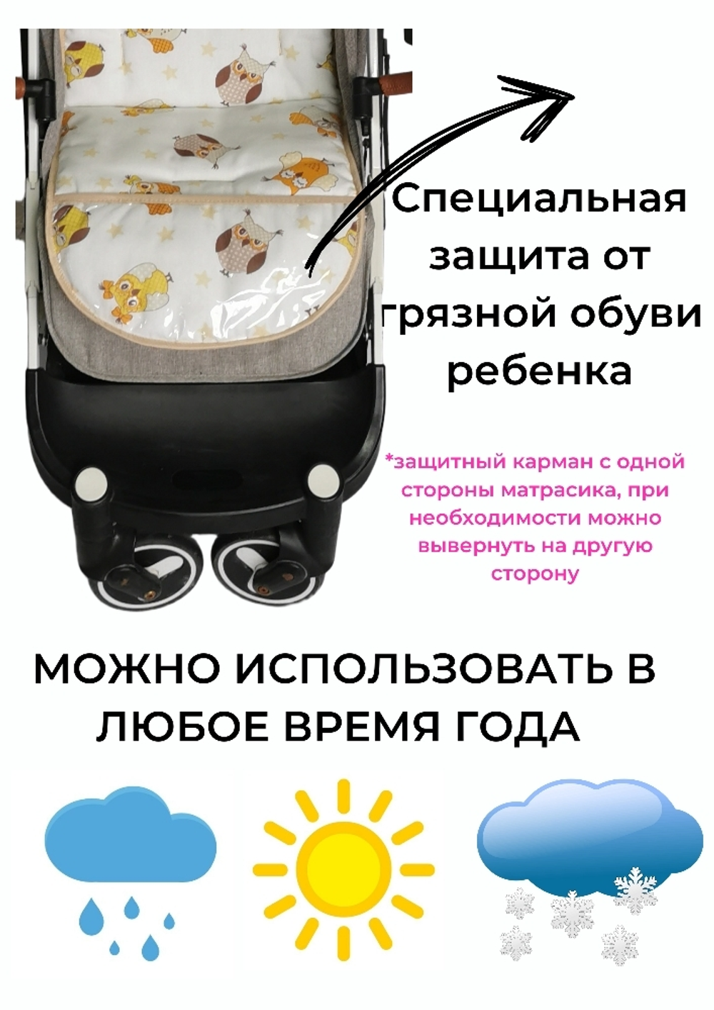 Матрасик в коляску с подножкой из ПВХ пленки беж совы