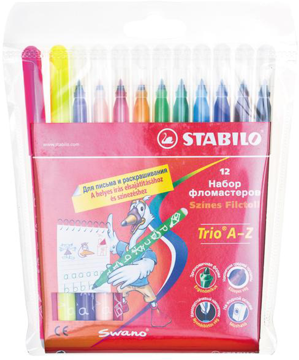 Фломастеры STABILO "Trio", 12 цветов, трехгранная зона обхвата, толщина линии 0,7 мм, картонный футляр, 378/1, 378/1-12-01