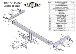 Фаркоп(прицепное) Tavials для VOLKSWAGEN TIGUAN 1/2 2007 -.../JETTA (5K2) 2010 - 18/SKODA YETI...(С БЫСТРОСЪЕМНЫМ ШАРОМ)(паспорт и сертификат в комплекте)(без электрики)T-V123-BA