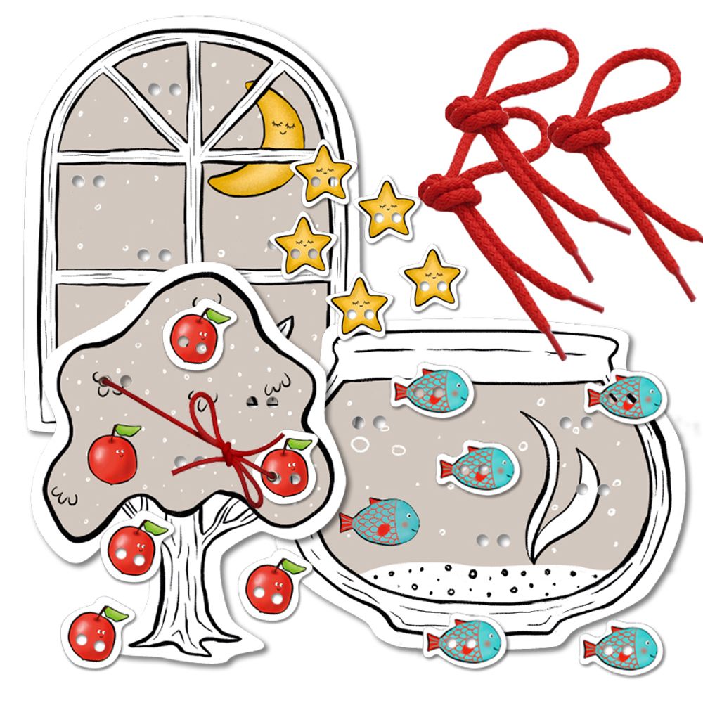 Игра-шнуровка «Веселые шнурочки». Завяжи и сосчитай яблоки, рыбок, звездочки