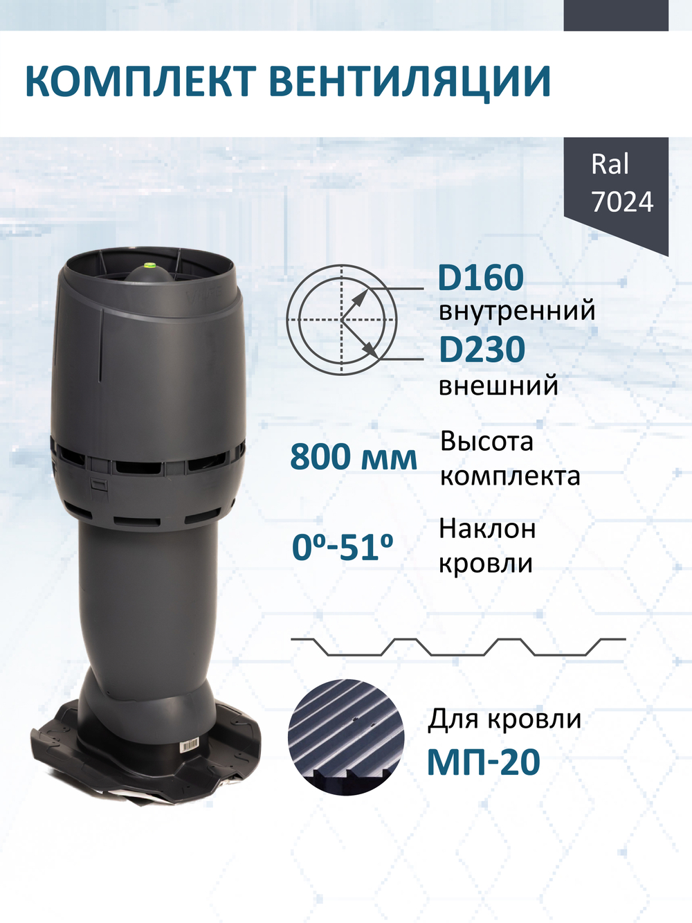 Комплект вентиляции: Вентиляционный выход изолированный Vilpe D160/225 утепленный высота H=500 мм, проходной элемент PROF-20 для металлопрофиля кровельного профнастила МП20 иС20, колпак Ø 230 мм, серый графит