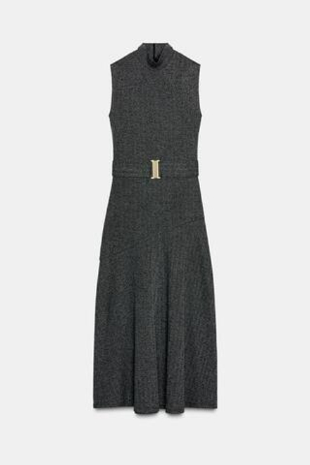 ZARA ПЛАТЬЕ ИЗ САРЖИ С ПОЯСОМ, ТЕМНО-СЕРЫЙ
