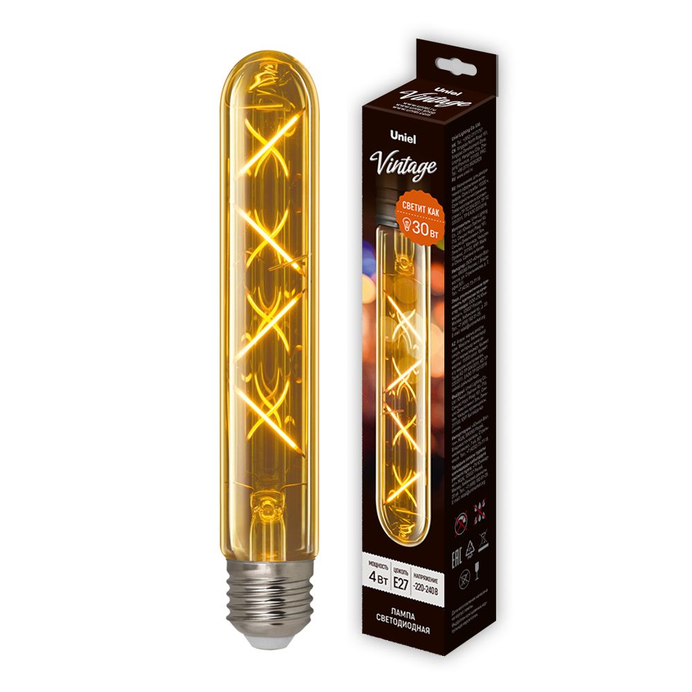 LED-L32A-4W-GOLDEN-E27 GLV21GO Лампа светодиодная Vintage. Форма цилиндр. янтарная колба. Картон. ТМ Uniel