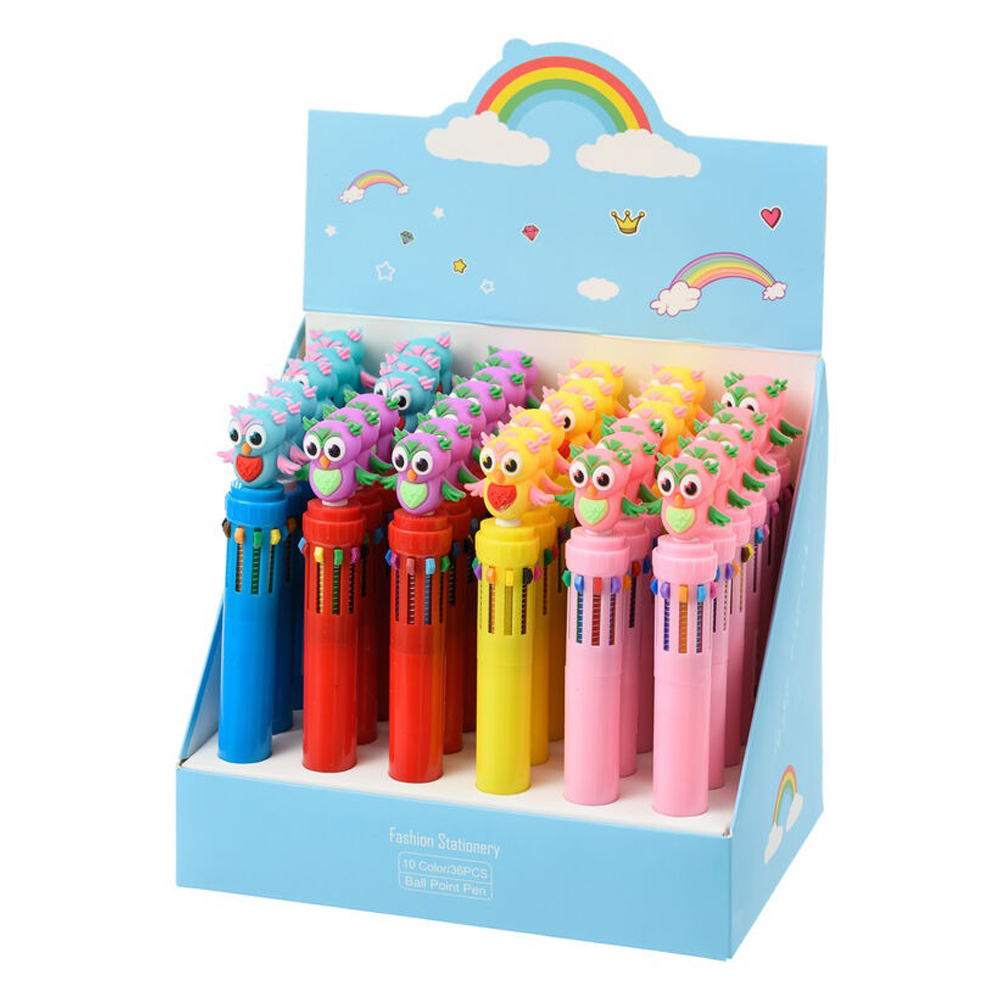 Ручка шариковая, автоматическая, 10в1, Basir, серия "СОВА ", 10-ти цветная, с резиновой фигуркой, 36 шт