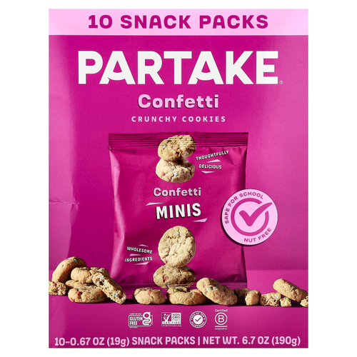 Partake, хрустящее печенье, конфетти, 10 упаковок по 19 г (0,67 унции)