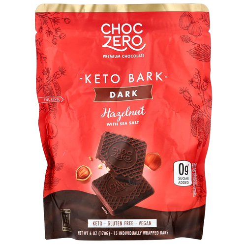 ChocZero, Keto Bark, темный шоколад с морской солью, фундук, 15 плиток в индивидуальной упаковке, 170 г (6 унций)