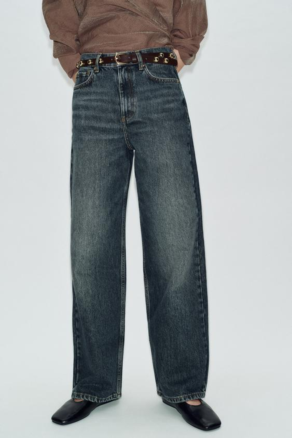 ZARA ДЖИНСЫ Z1975 С ВЫСОКОЙ ПОСАДКОЙ, ЗАУЖЕННЫЕ КНИЗУ, С РЕМНЕМ, ИНДИГО