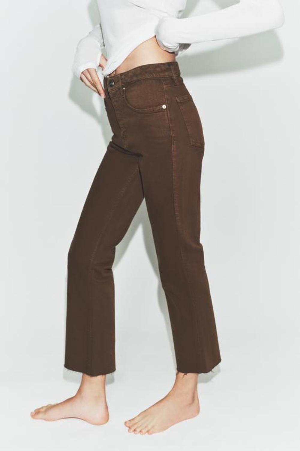 ZARA ДЖИНСЫ TRF CROPPED FLARE С ВЫСОКОЙ ПОСАДКОЙ, КОРИЧНЕВЫЙ