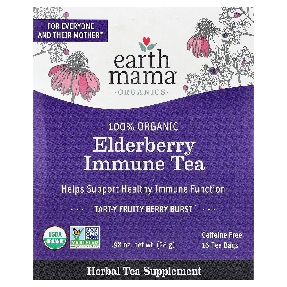 Earth Mama, Organics, 100% чай из органической бузины для укрепления иммунитета, с фруктово-ягодным вкусом, без кофеина, 16 чайных пакетиков, 28 г (0,98 унции)