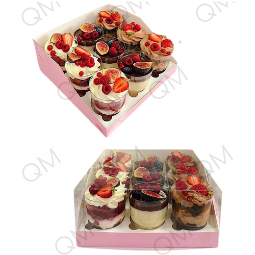 Коробка под капкейки с пластиковой крышкой 235*235*100 мм (9) (розовая матовая), 50шт