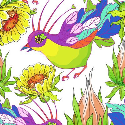 Маргаритка, петуния, пион, экзотические цветы и птицы.