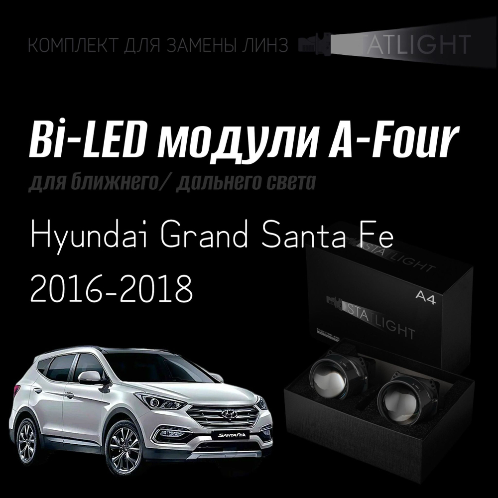 Светодиодные линзы Statlight A-Four Bi-LED линзы для фар Hyundai Grand Santa Fe 2016-2018 без AFS , комплект билинз, 2 шт