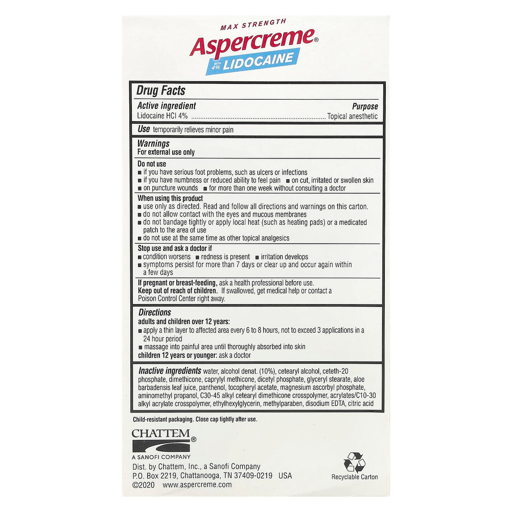 Aspercreme, Обезболивающий крем для ног с 4% лидокаином, максимальная сила действия, без отдушек, 113 г (4 унции)