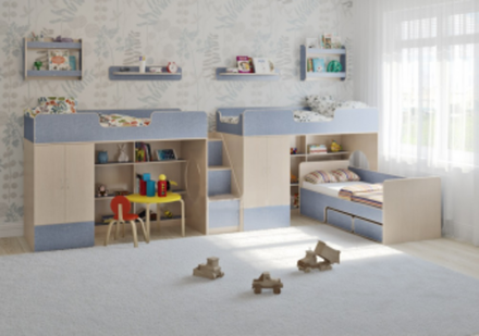 Трехъярусная кровать КарИВи Легенда 3.15  Дуб Молочный Светло-синий, голубой