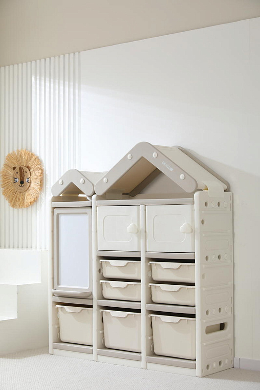 Стеллаж для игрушек UNIX Kids House 7 ящиков, 2 полки с дверцей Grey