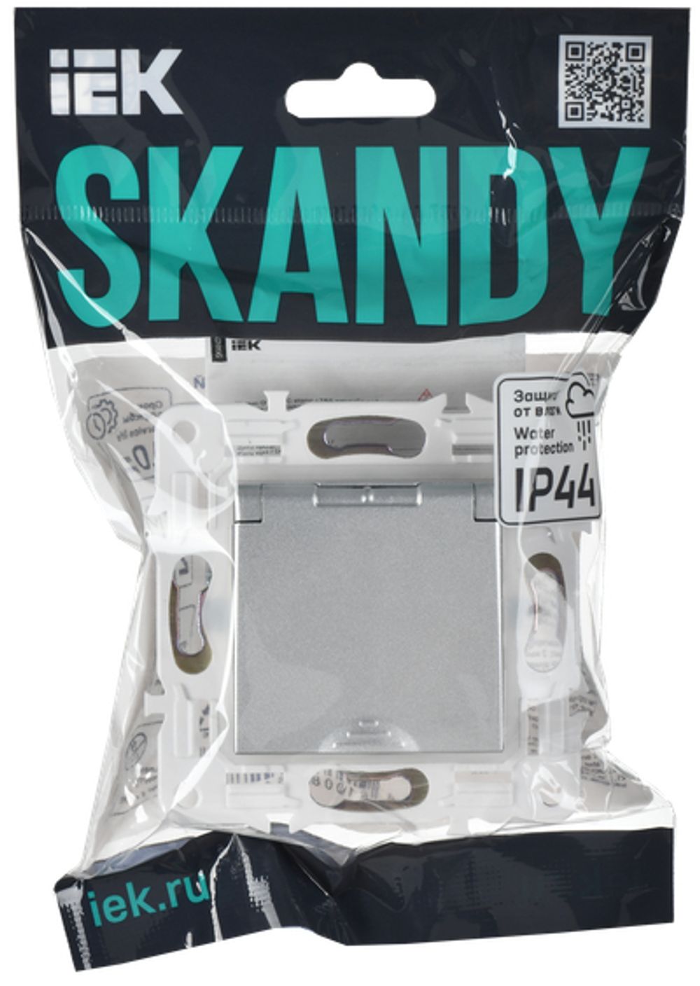 SKANDY Розетка 1-местная с заземлением с защитными шторками и крышкой 16А IP44 SK-R11S серебряный IEK